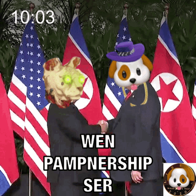 two men shaking hands in front of flags with the words wen pampnership ser