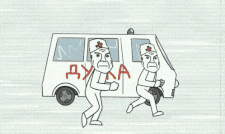 a drawing of a group of doctors running towards an ambulance with the word persona written on it