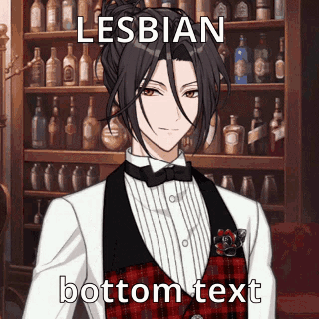 a man in a tuxedo is standing in front of a shelf full of bottles and says " lesbian bottom text "