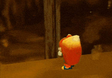 a cartoon squirrel is standing on a rock in a cave .