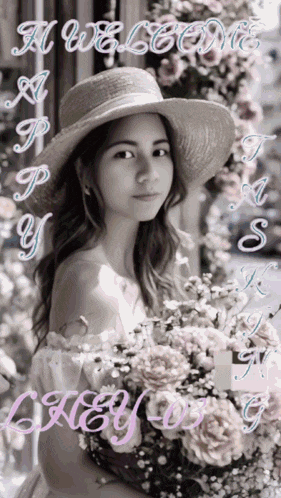 a woman wearing a straw hat is holding a bouquet of flowers with the words " i welcome " written on the bottom