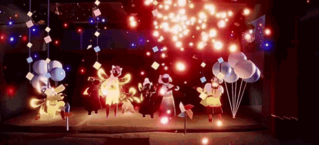 a group of people are standing on a stage in a video game surrounded by balloons and fireworks .