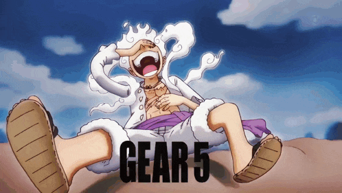 a cartoon character is laying on the ground with the words gear 5 written below him