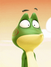 a frog with a swirl on its face looks at the camera