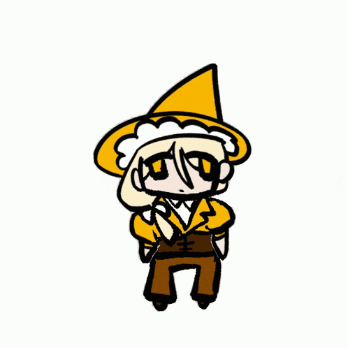 a cartoon drawing of a person wearing a yellow hat and pants .