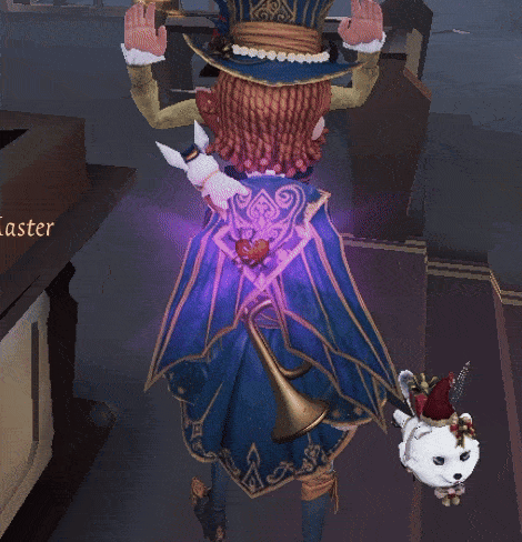a woman in a blue dress is holding a white dog and a trumpet