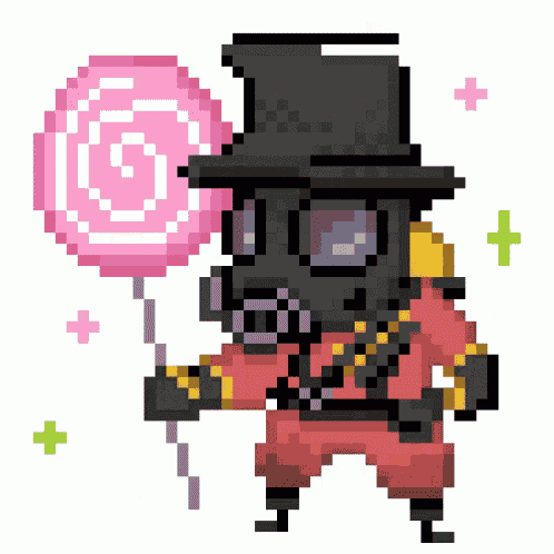 a pixel art of a man wearing a gas mask holding a pink balloon