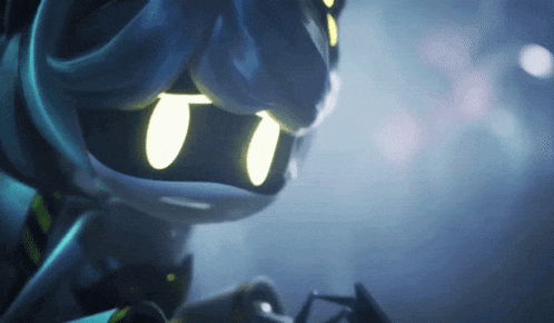 a close up of a robot with glowing eyes in the dark