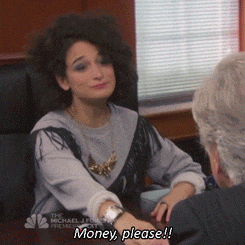 a woman sitting at a table talking to a man with the words money please written below her