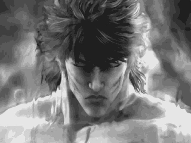 a black and white painting of a man with a serious look on his face
