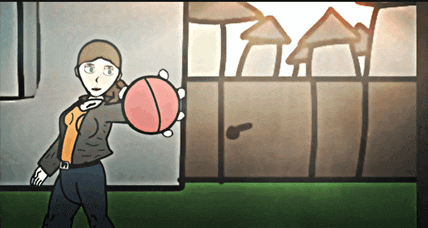 a cartoon of a person holding a ball with the letter b on it