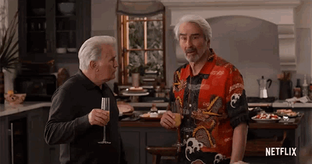 two older men are standing in a kitchen drinking champagne and talking .