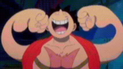monkey d luffy from one piece is flexing his muscles and smiling .