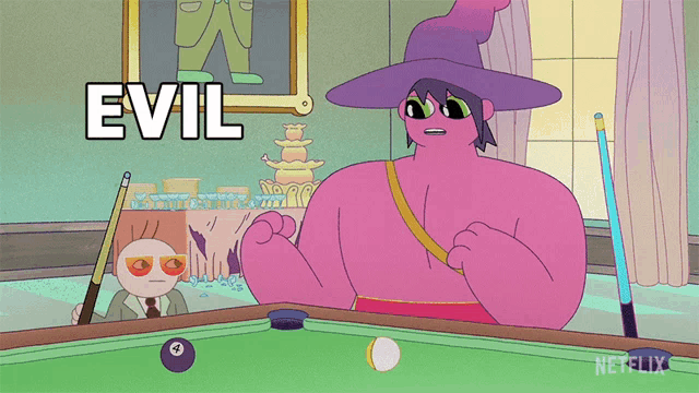 a cartoon shows a pool table with the word evil on the bottom