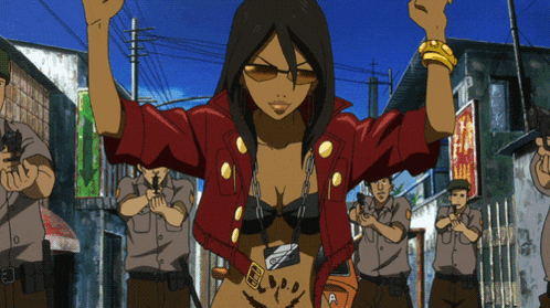 a woman in a red jacket stands in front of a group of men