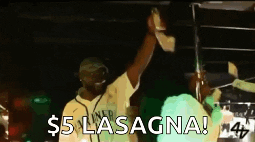 a man in a yellow shirt is holding a microphone and says $ 5 lasagna