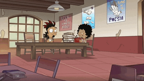 two cartoon characters sit at a table in front of a sign that says leer te hara libre