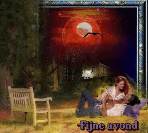 a picture of a man and woman laying on a bench with the words fijne avond below them