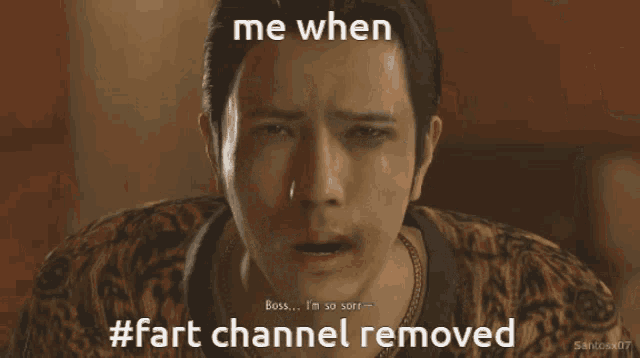 a meme of a man with an eye patch and the words me when #fart channel removed