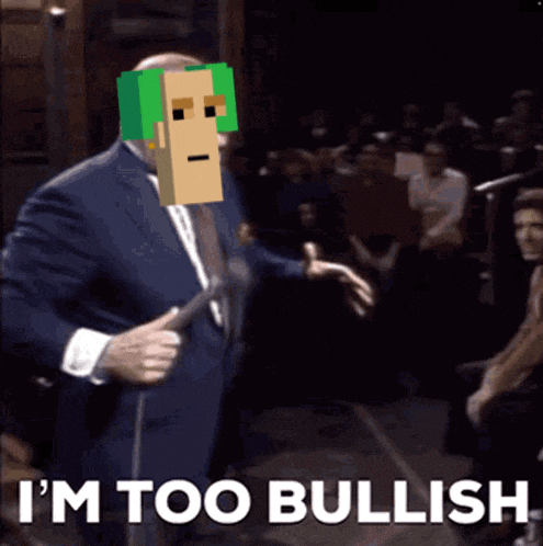 a man in a suit holds a microphone and says i 'm too bullish