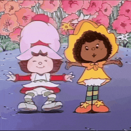 a couple of cartoon characters standing next to each other with their arms outstretched