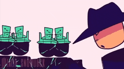a cartoon of a man standing in front of a row of pots