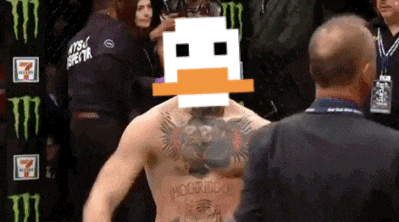 a man with a pixelated duck head stands in front of a 7 eleven