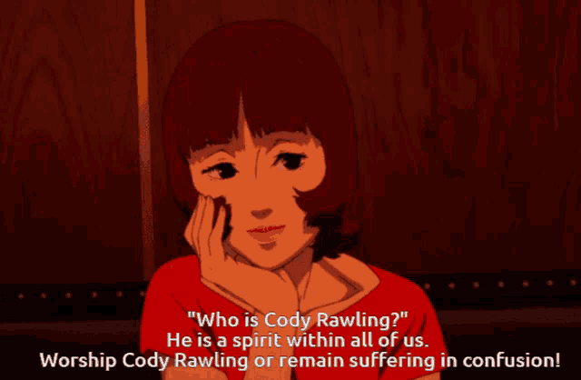 a cartoon of a woman with red hair says who is cody rawling