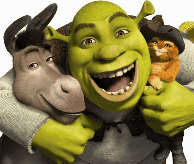 shrek is holding a donkey and a cat while shrek smiles
