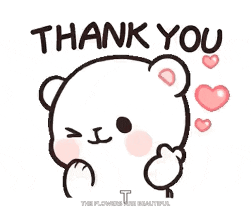 a cartoon teddy bear says thank you with pink hearts around it