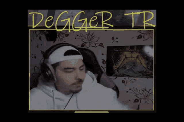 a man wearing headphones and a headband drinking from a bottle with the words degger tr above him
