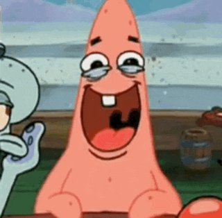 patrick star from spongebob squarepants is laughing with his eyes closed and tears coming out of his eyes .
