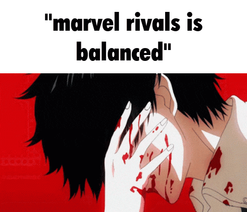 a man with blood on his face and the words " marvel rivals is balanced " on the bottom