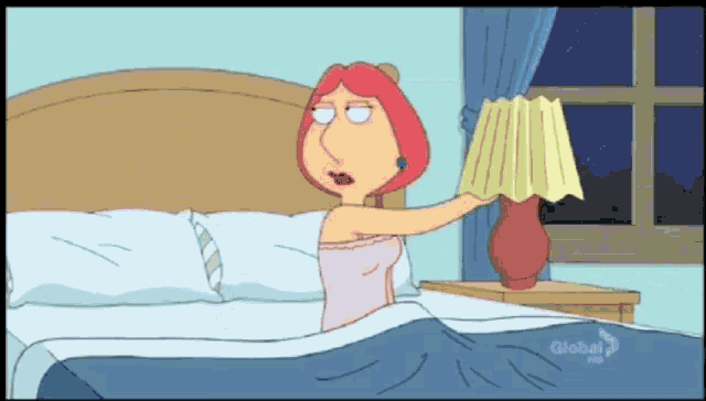 a cartoon of a woman in bed with a lamp on a nightstand that says global on the bottom
