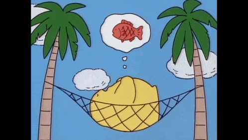a cartoon of a hammock between two palm trees with a fish in a thought bubble