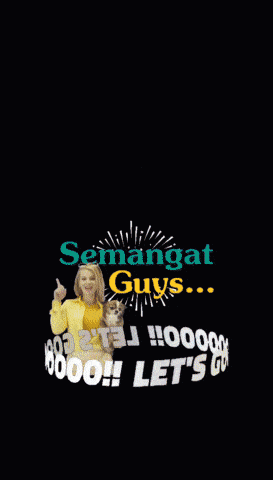 a woman holding a dog in front of a cloud with the words semangat guys
