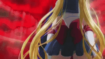 a woman with long blonde hair is standing in front of a red background in a cartoon .