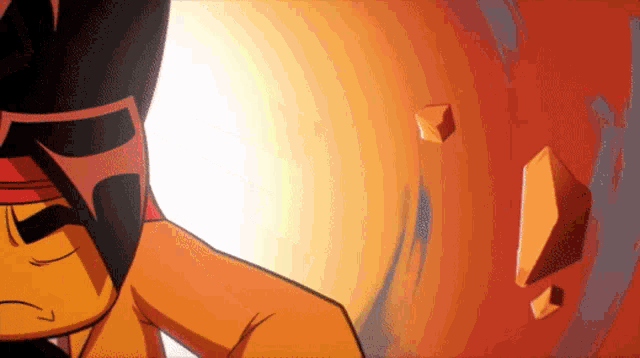a cartoon character with the letter t on his head is standing in front of a red background