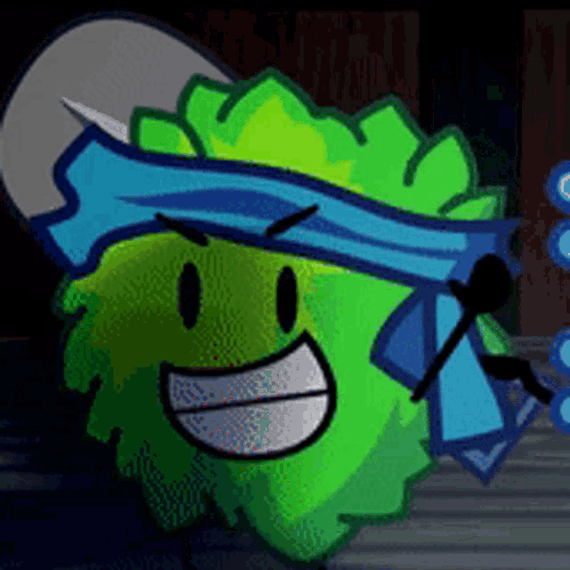 a green cartoon character is wearing a blue headband and a hat .