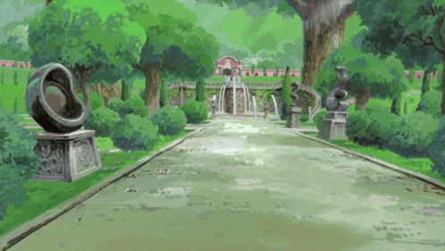 a painting of a path in a park with statues on the side