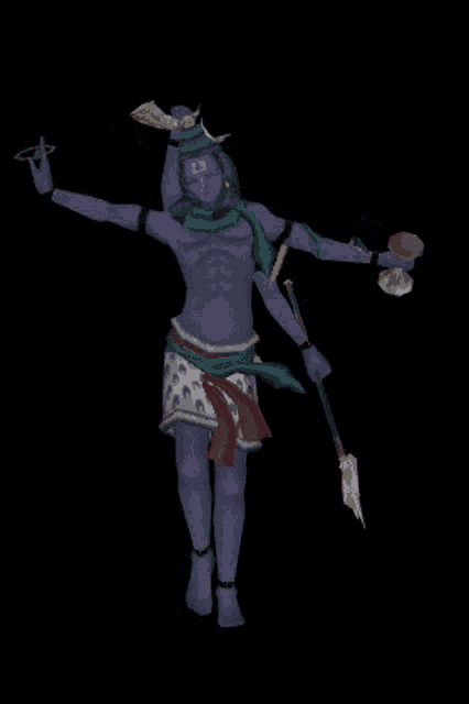 a statue of a man with many arms and a fan