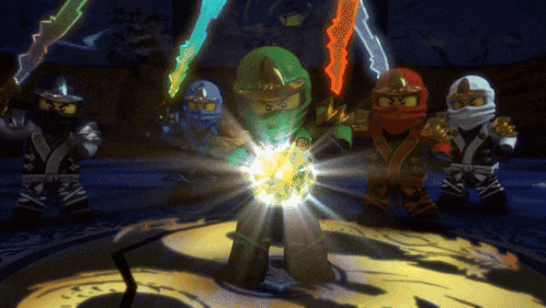 a group of lego ninjago characters holding swords and a glowing object