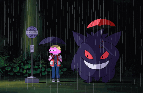 a cartoon character holding an umbrella next to a purple monster with a sign that says ' tokyo ' on it