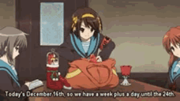 a group of anime girls are sitting around a table with the words today 's december 16th