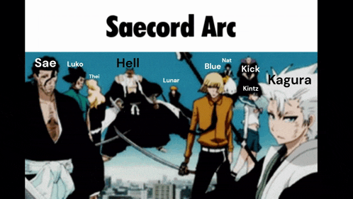 a group of anime characters are standing next to each other with the words saecord arc written above them
