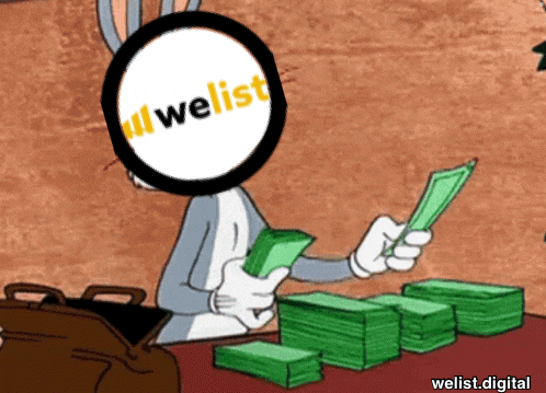 a cartoon of bugs bunny holding a stack of money with a welist logo on his face