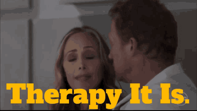 a man and a woman are looking at each other with the words therapy it is written above them