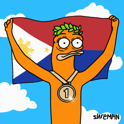 a cartoon of a man holding a flag and wearing a medal with the number 1 on it