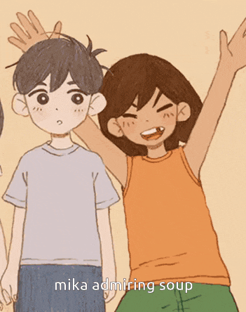 a drawing of a boy and a girl with the words mika admiring soup below them