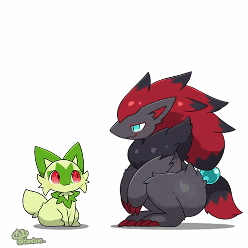 a cartoon drawing of a black and red pokemon with a green leafy tail